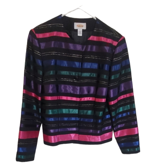 🥰TALBOTS 4 BLAZER DRESSY JACKET BLACK RAINBOW SATIN RIBBON STRIPE GOLD THREAD - Picture 4 of 11